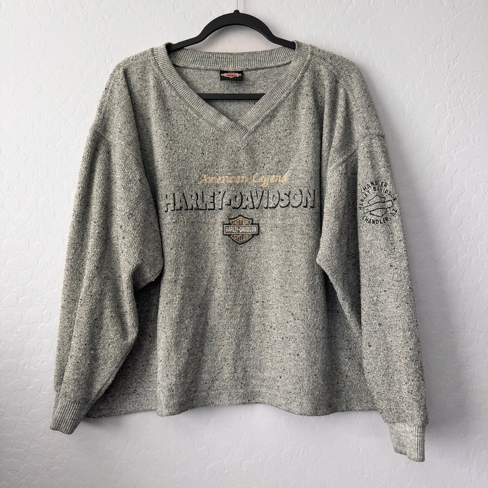 Harley-Davidson XL Sweater Gray Long Sleeve V-Neck Embroidered American Legend